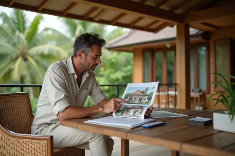 Un expatrié occidental examine des documents immobiliers sur une terrasse en Thaïlande avec une maison traditionnelle en arrière-plan