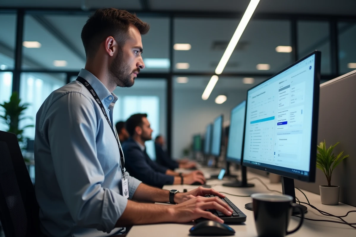Agent Air France utilisant les outils de travail en ligne sur son poste informatique de bureau