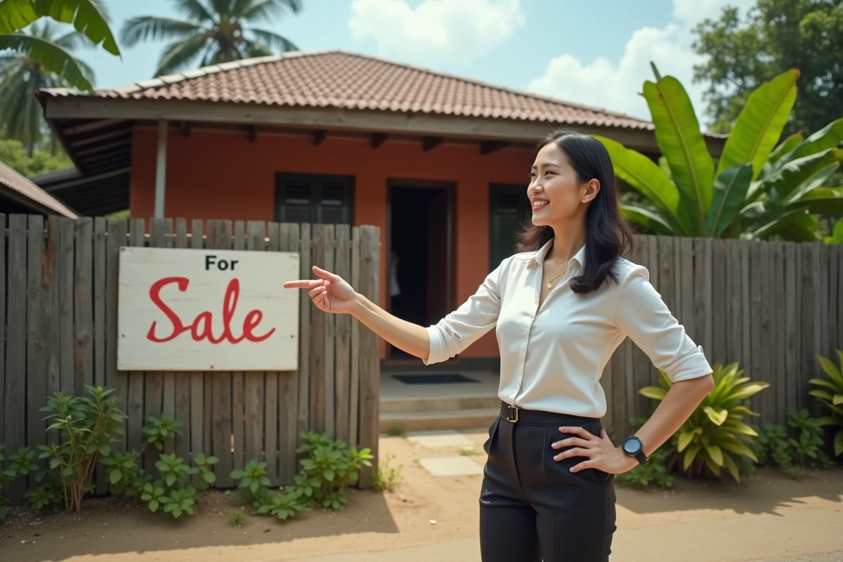 Une agent immobilière thaïlandaise présente une maison modeste à vendre dans un village rural en Thaïlande