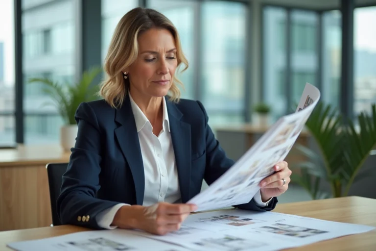 Agente immobilière analysant des annonces et plans de vente dans une agence moderne en 2024