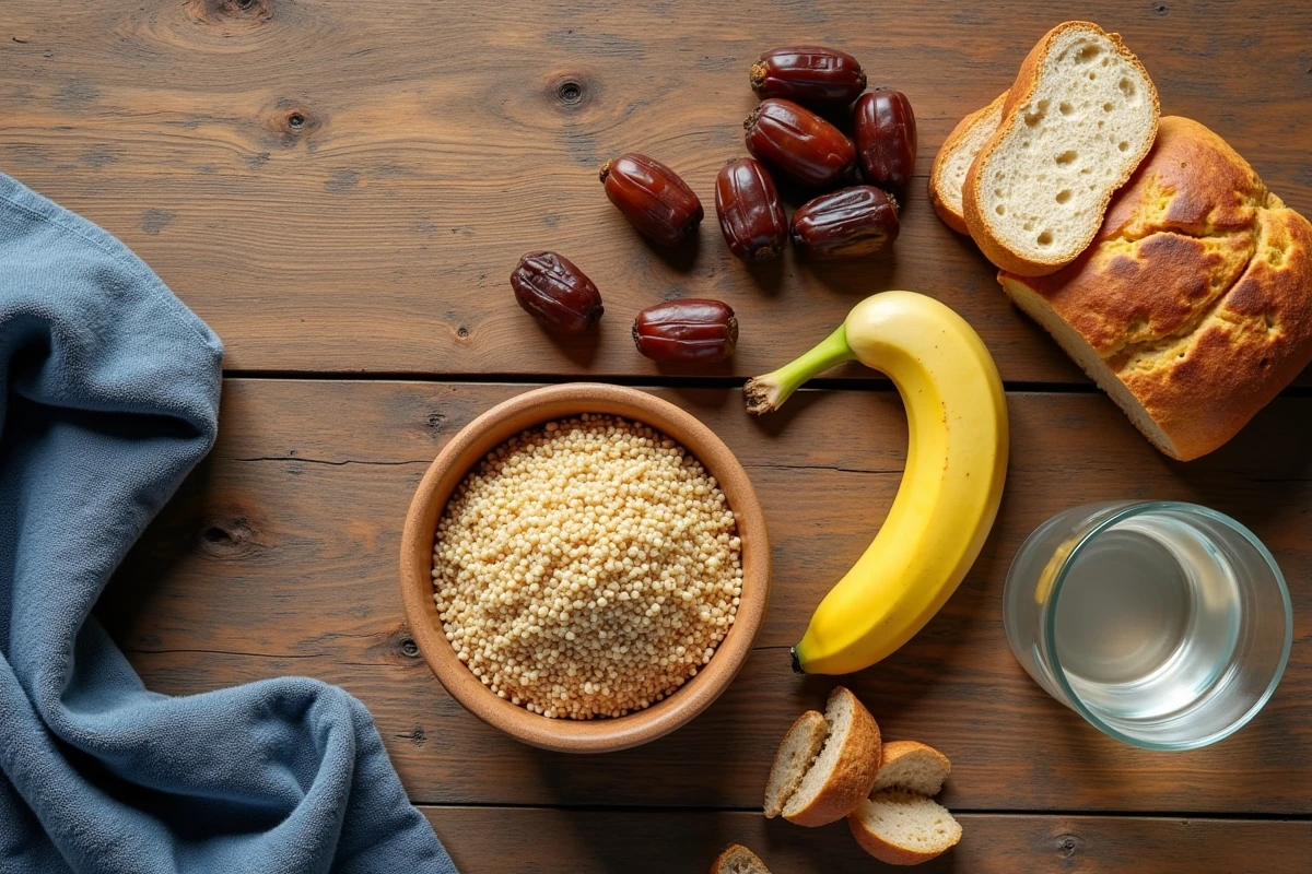 Vue du dessus d'aliments riches en glucides pour sportifs avant entraînement : banane, quinoa, pain complet et dattes sur table en bois