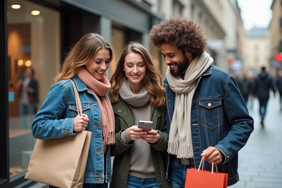 Trois amis avec sacs de shopping regardant leur smartphone en ville