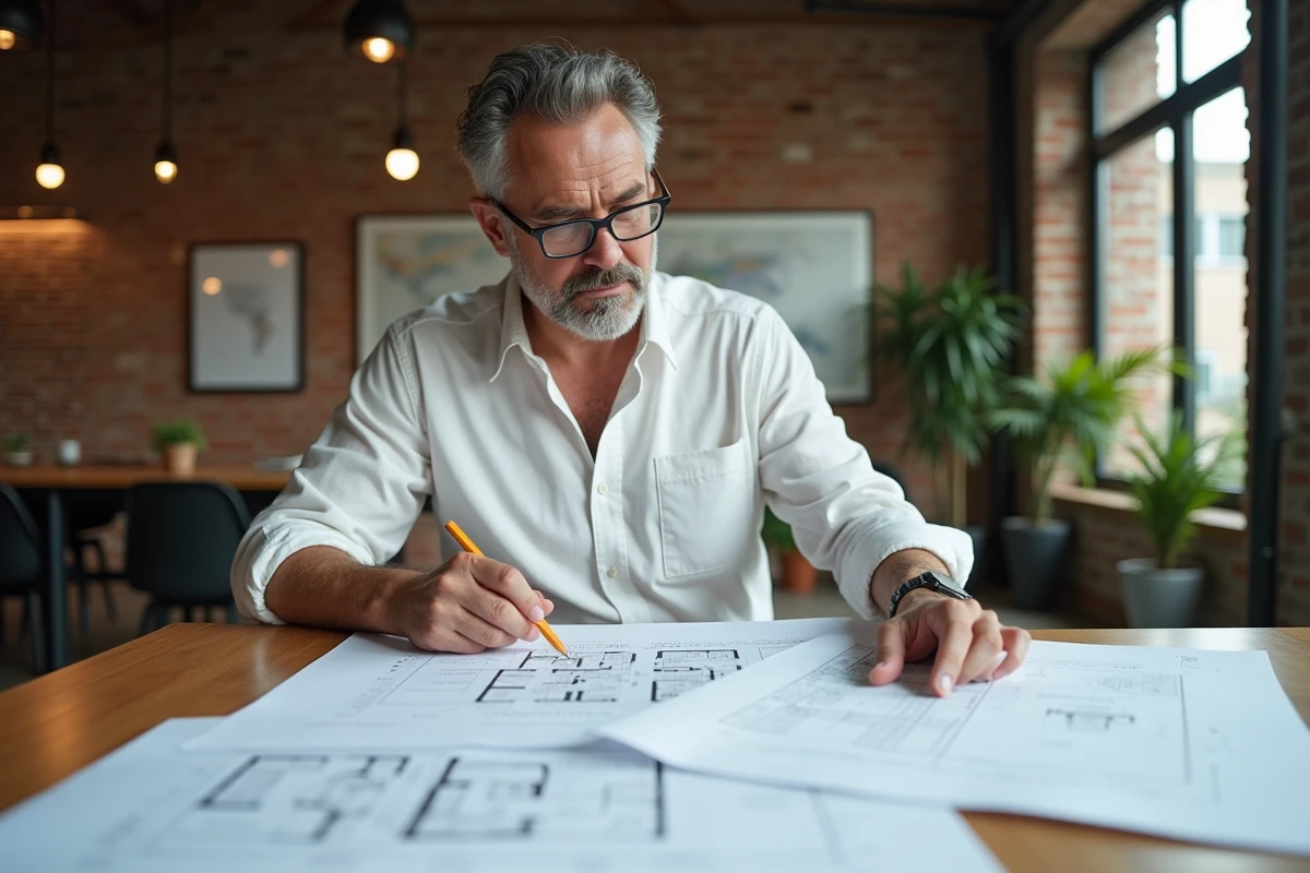 Architecte masculin examinant des plans immobiliers dans un bureau d'agence avec des murs en briques apparentes