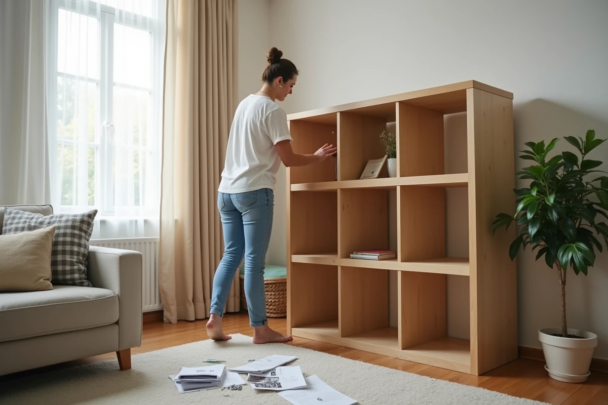 Femme assemblant une étagère dans un salon lumineux