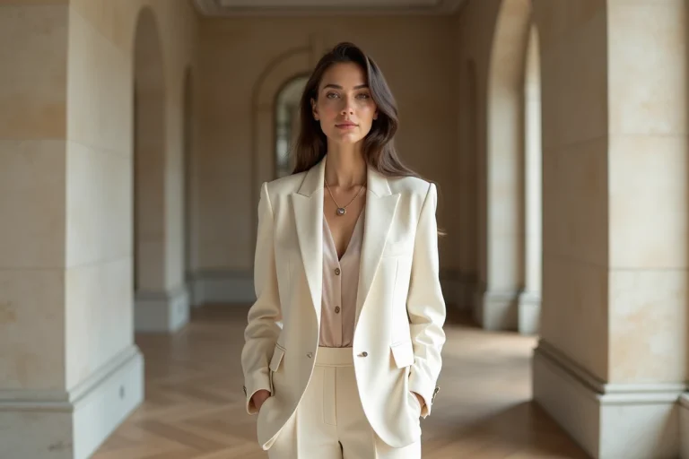Portrait élégant d'une jeune femme d'origine méditerranéenne en blazer ivoire dans un intérieur parisien moderne, style éditorial