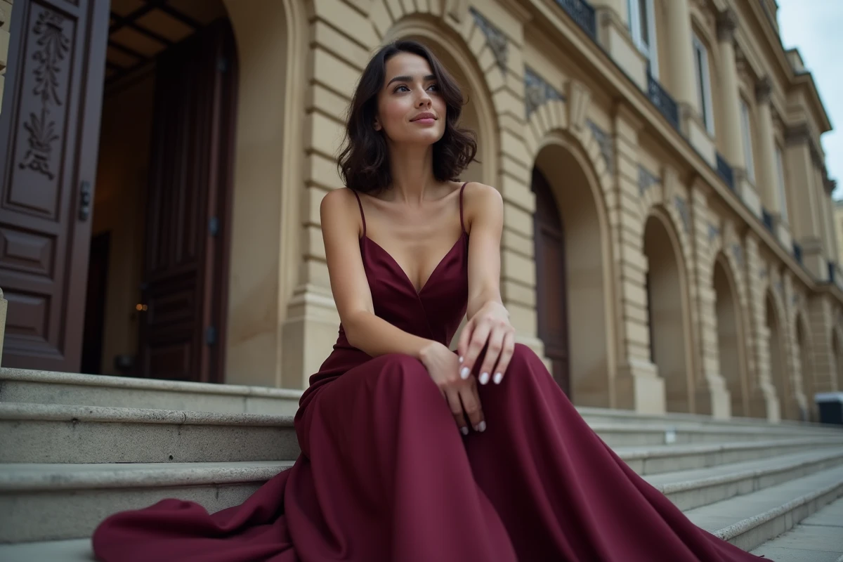 Femme élégante en robe bordeaux assise sur les marches d'un immeuble haussmannien parisien, photographie éditoriale grand angle