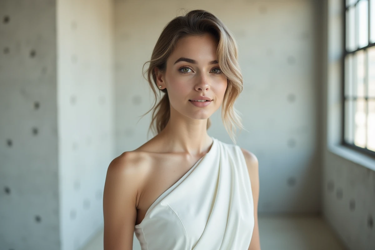 Portrait en studio de mode d'une jeune femme en robe blanche structurée devant un mur en béton brut, style mode contemporain