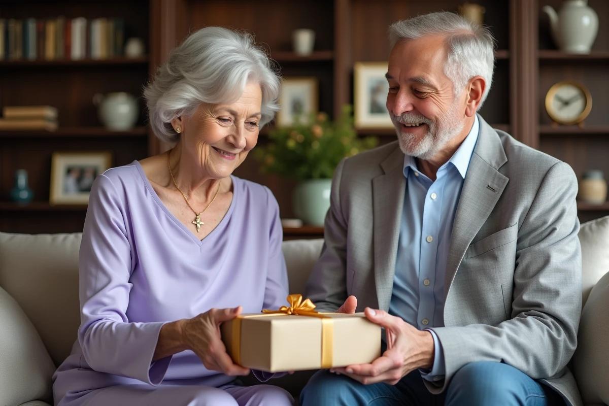 Femme âgée ouvrant un cadeau d'anniversaire de mariage de noces d'or avec son mari souriant