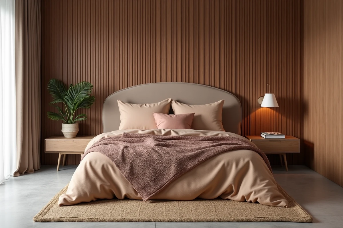 Chambre moderne apaisante avec literie en lin sable, tête de lit en taupe et lambris en noyer pour une déco chaleureuse et épurée