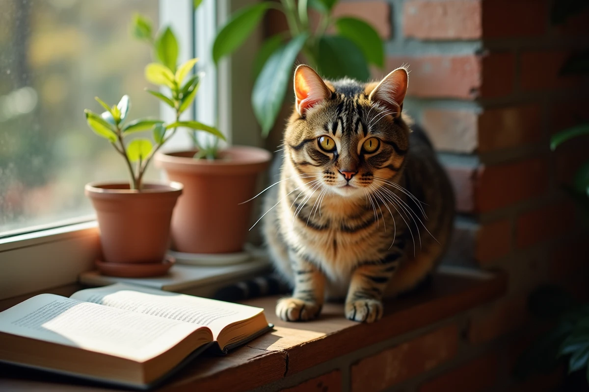 Chat tigré aux yeux ambrés posé sur un rebord de fenêtre ensoleillé à côté d'un livre ouvert
