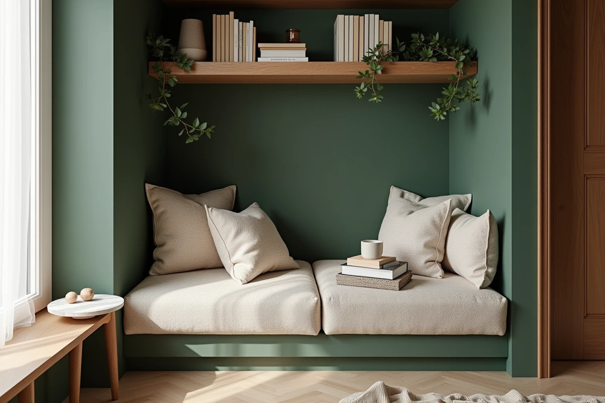 Coin lecture cosy avec banquette en bouclé crème, mur vert forêt et table d'appoint en travertin dans un intérieur contemporain chaleureux