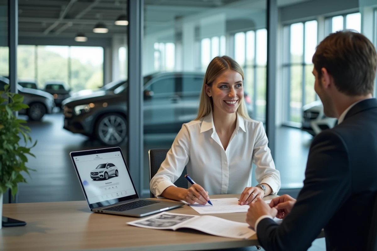 Conseillère commerciale Mercedes discutant d'un devis avec un client dans un bureau de concession automobile