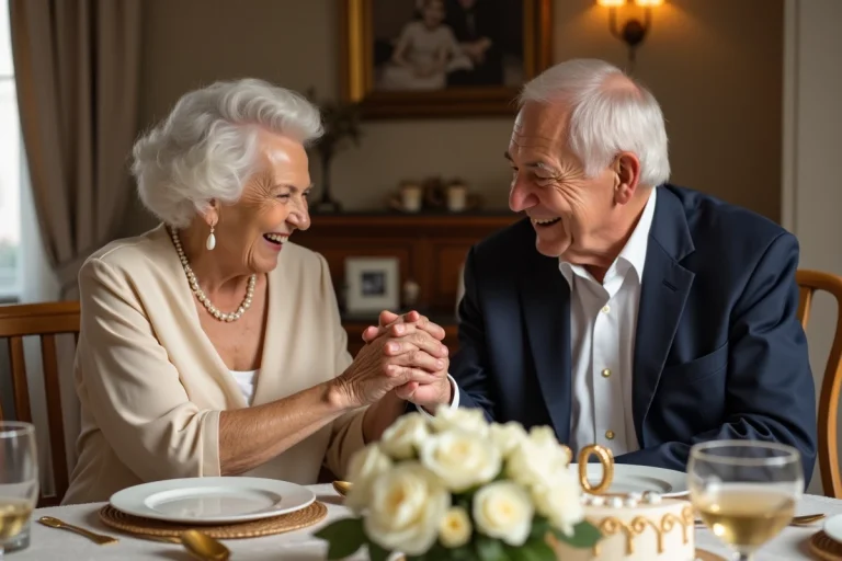 Couple âgé célébrant leurs 50 ans de mariage autour d'une table décorée en or avec un gâteau d'anniversaire