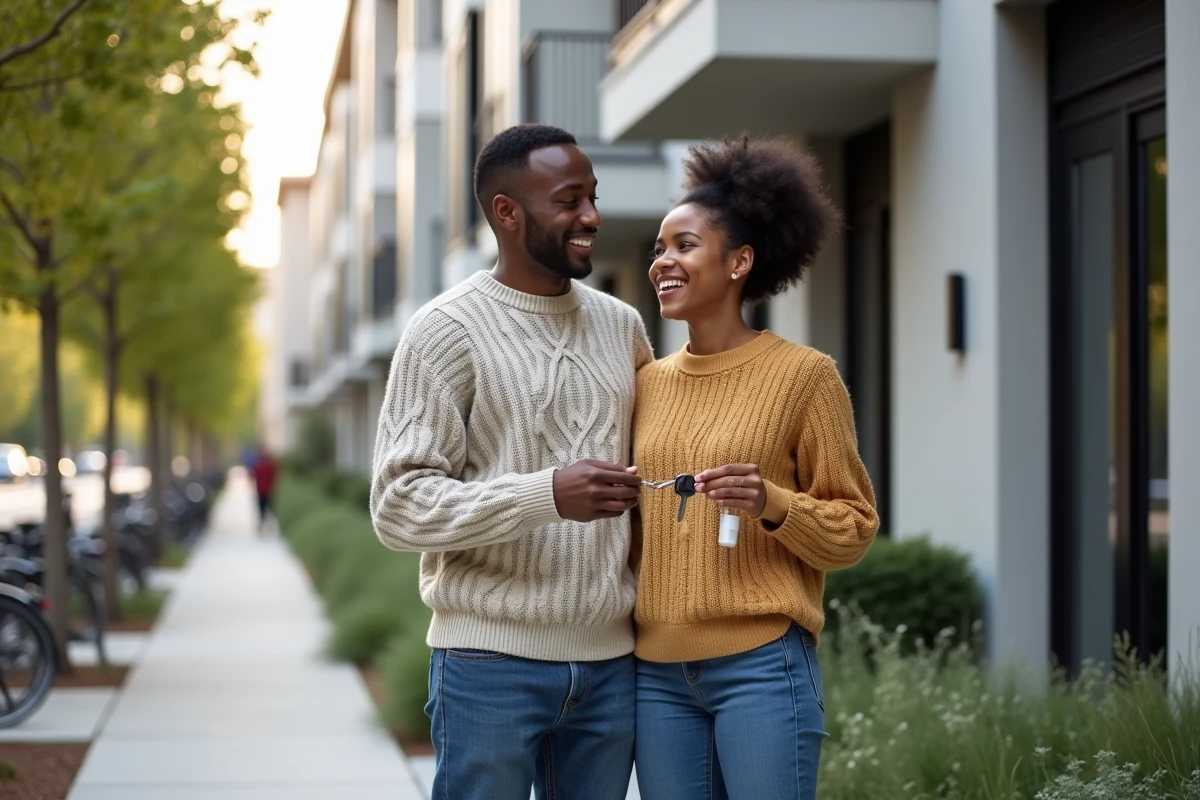 Jeune couple devant un immeuble résidentiel neuf tenant des clés symbolisant l'achat immobilier en 2024