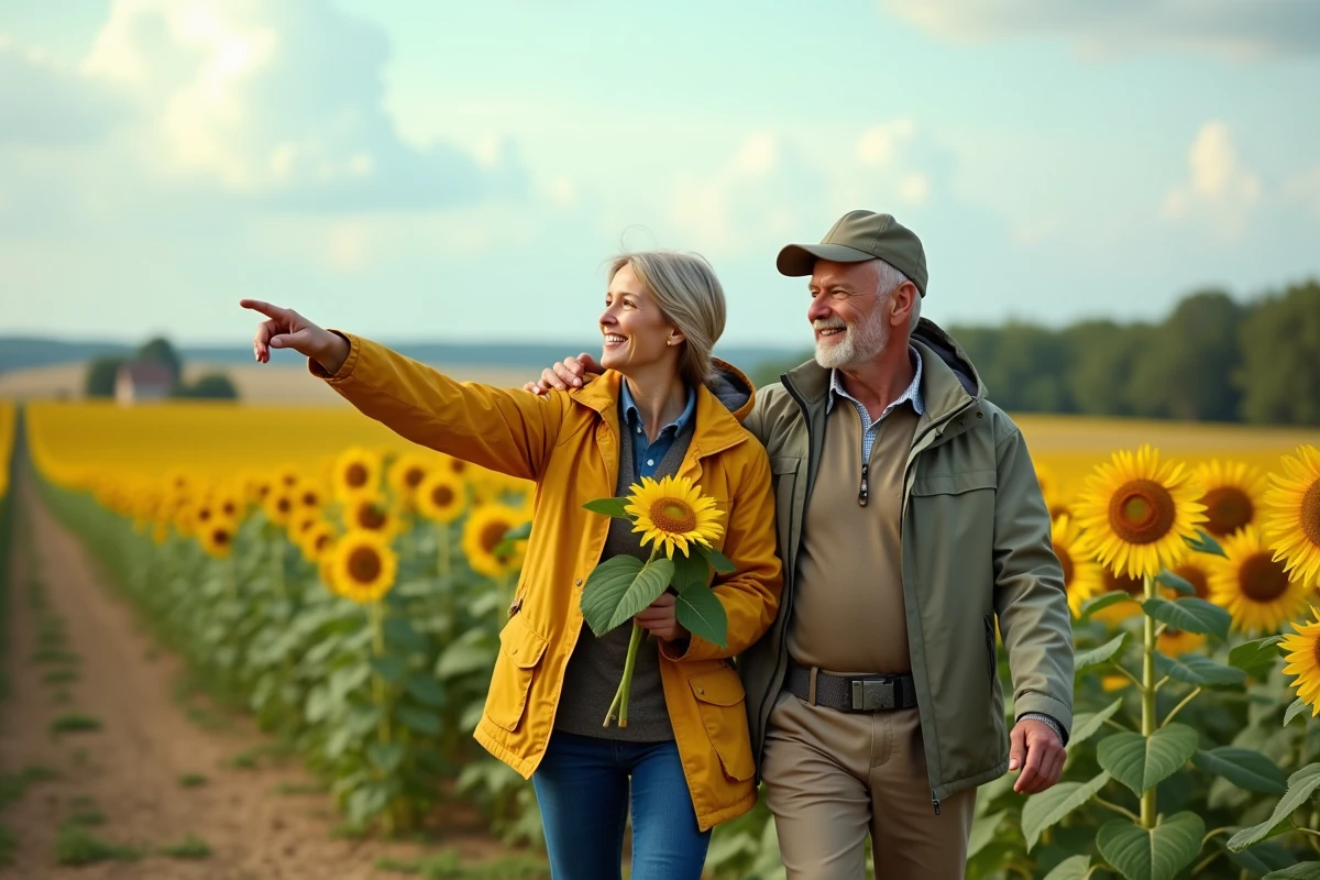 Couple se promenant dans un champ de tournesols en France rurale, profiter des loisirs agricoles en plein air