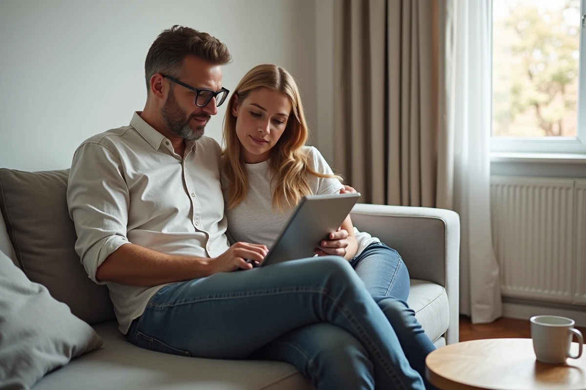 Couple consultant un email de contact Cetelem sur une tablette dans leur salon