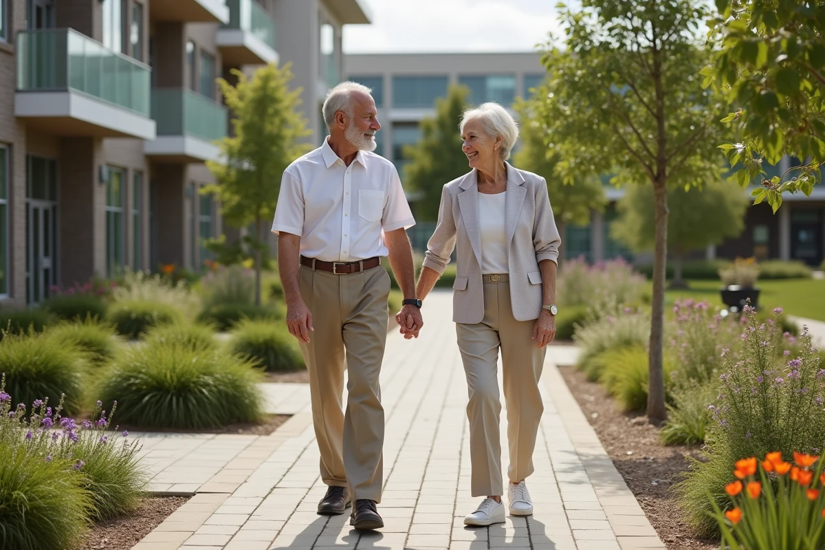 Couple âgé marchant dans un jardin paisible