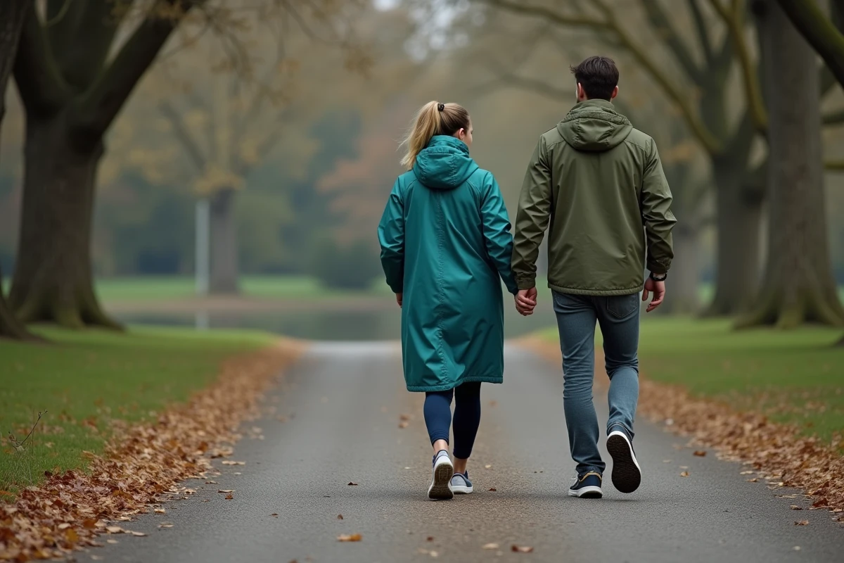 Couple marchant sur un chemin de parc avec des trackers de fitness pour atteindre leurs objectifs de pas quotidiens