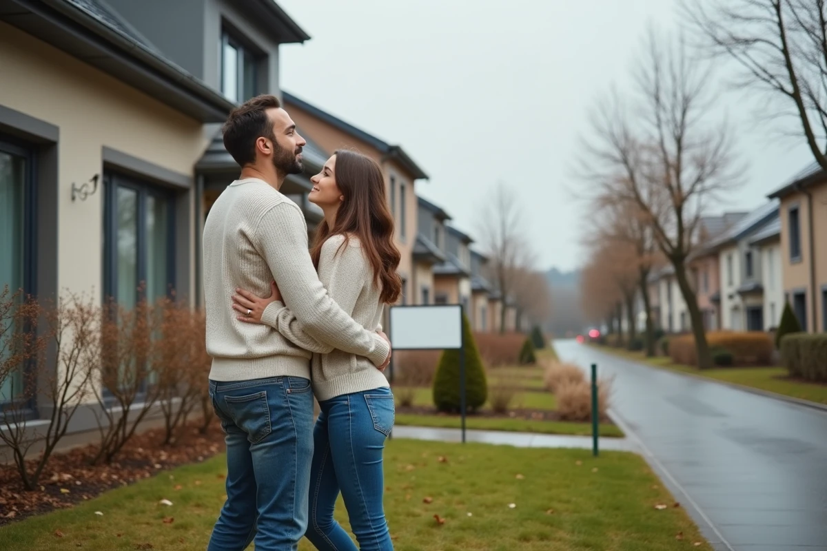 Couple visitant une maison individuelle à vendre dans un quartier résidentiel en automne 2024