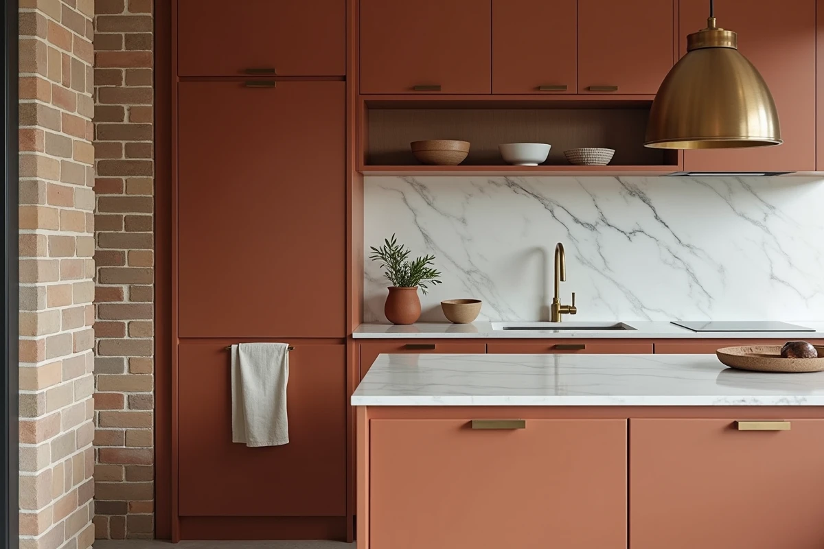 Cuisine contemporaine minimaliste avec façades terracotta, plan de travail en marbre et accessoires en laiton brossé dans une maison rénovée
