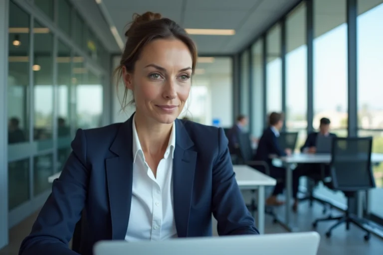 Employée Air France accédant à l'intranet IPN sur son ordinateur portable dans un bureau moderne