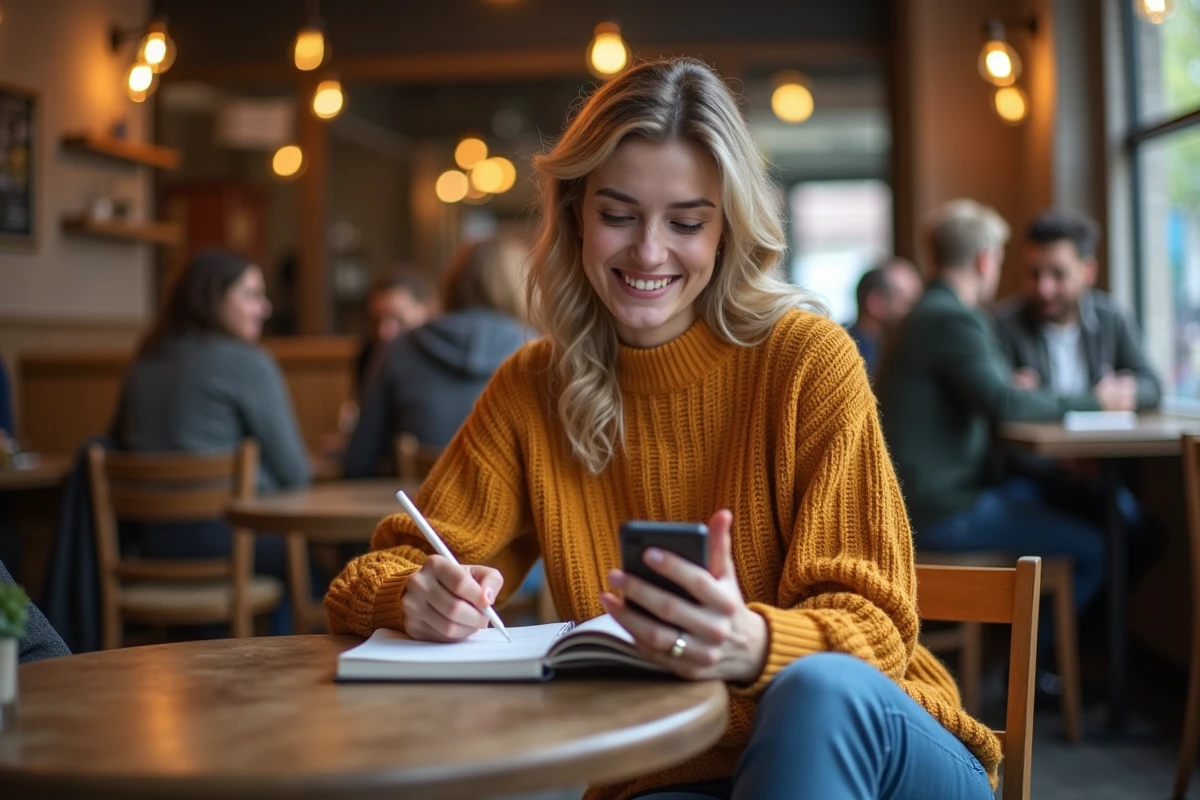 Jeune femme souriante utilisant une application shopping au café