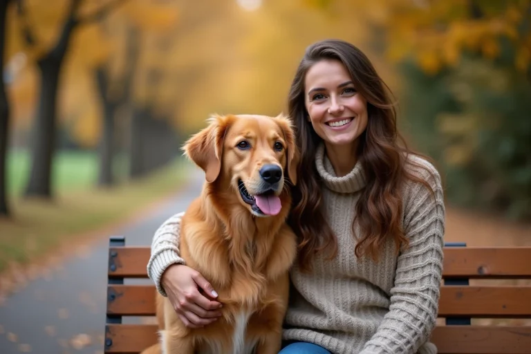 Femme souriante avec son chien golden retriever sur un banc en bois entouré de feuilles d'automne