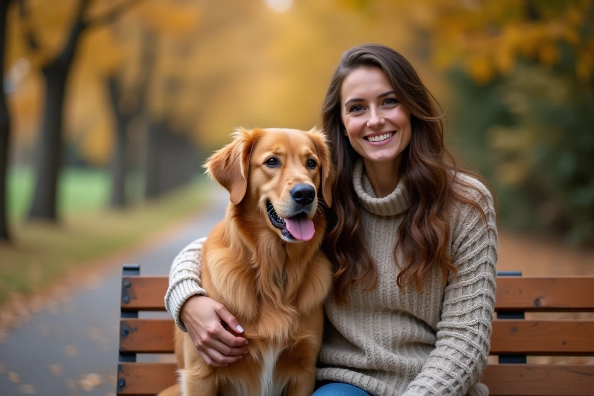 Femme souriante avec son chien golden retriever sur un banc en bois entouré de feuilles d'automne