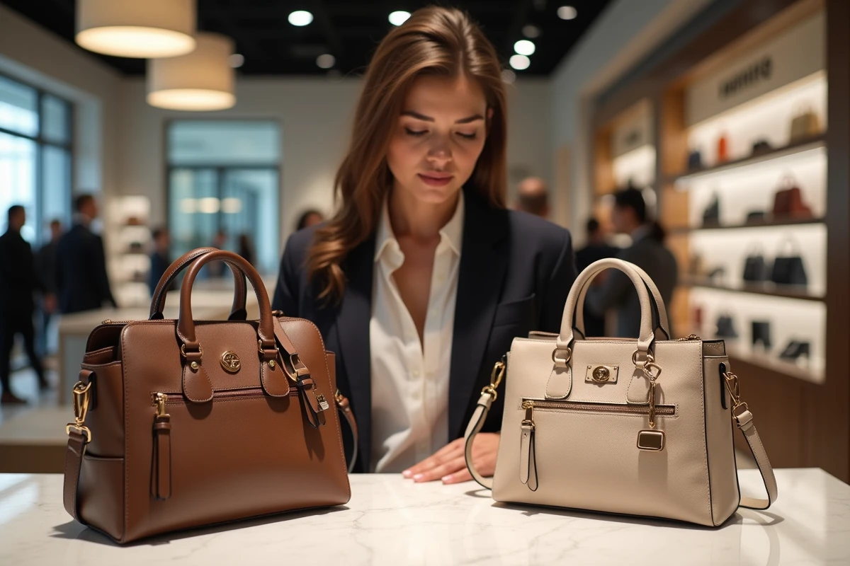 Jeune femme professionnelle comparant deux sacs à main en boutique