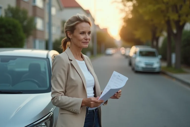 Femme examinant son contrat d'assurance auto MAIF à côté de sa voiture dans une rue résidentielle