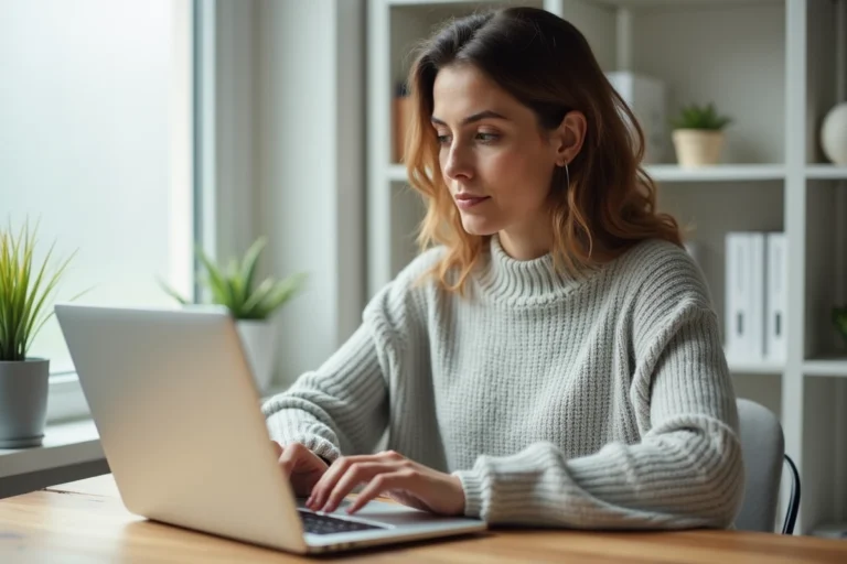 Femme envoyant un email à Cetelem depuis son bureau à domicile sur un ordinateur portable