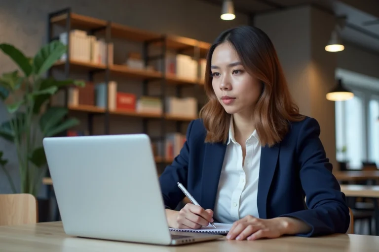 Femme professionnelle suivant une formation en ligne sur la plateforme Avenir Conseil Formation dans un espace de coworking moderne