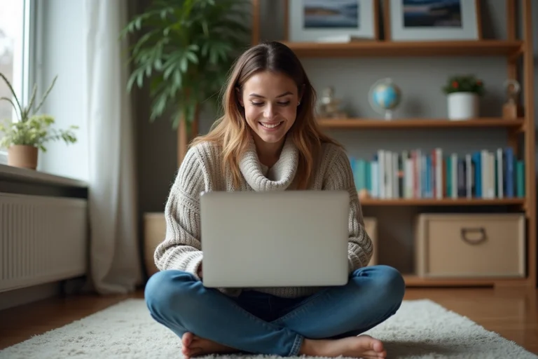 Femme explorant un globe virtuel dans son salon cosy