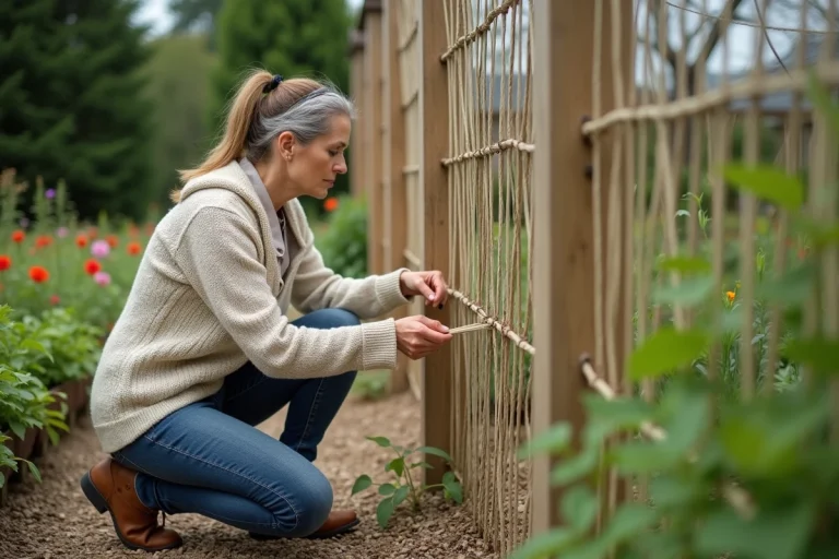 Femme en jardinage tissant une cloison en bois naturel