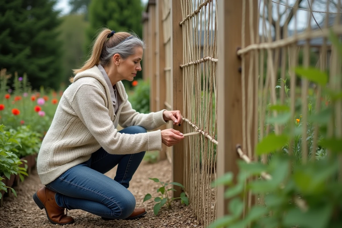 Femme en jardinage tissant une cloison en bois naturel