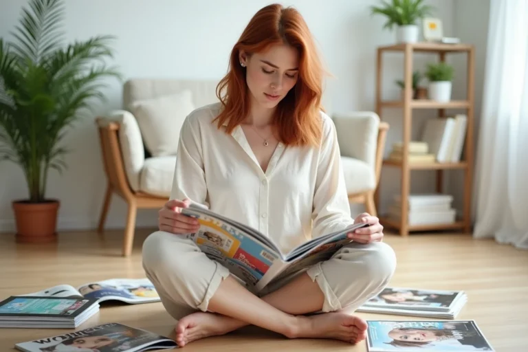 Femme lisant des magazines féminins sur le sol d'un appartement scandinave lumineux