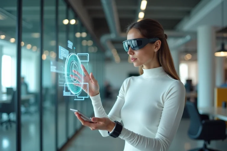 Femme portant des lunettes connectées interagissant avec une interface AR futuriste dans un bureau technologique moderne en 2024