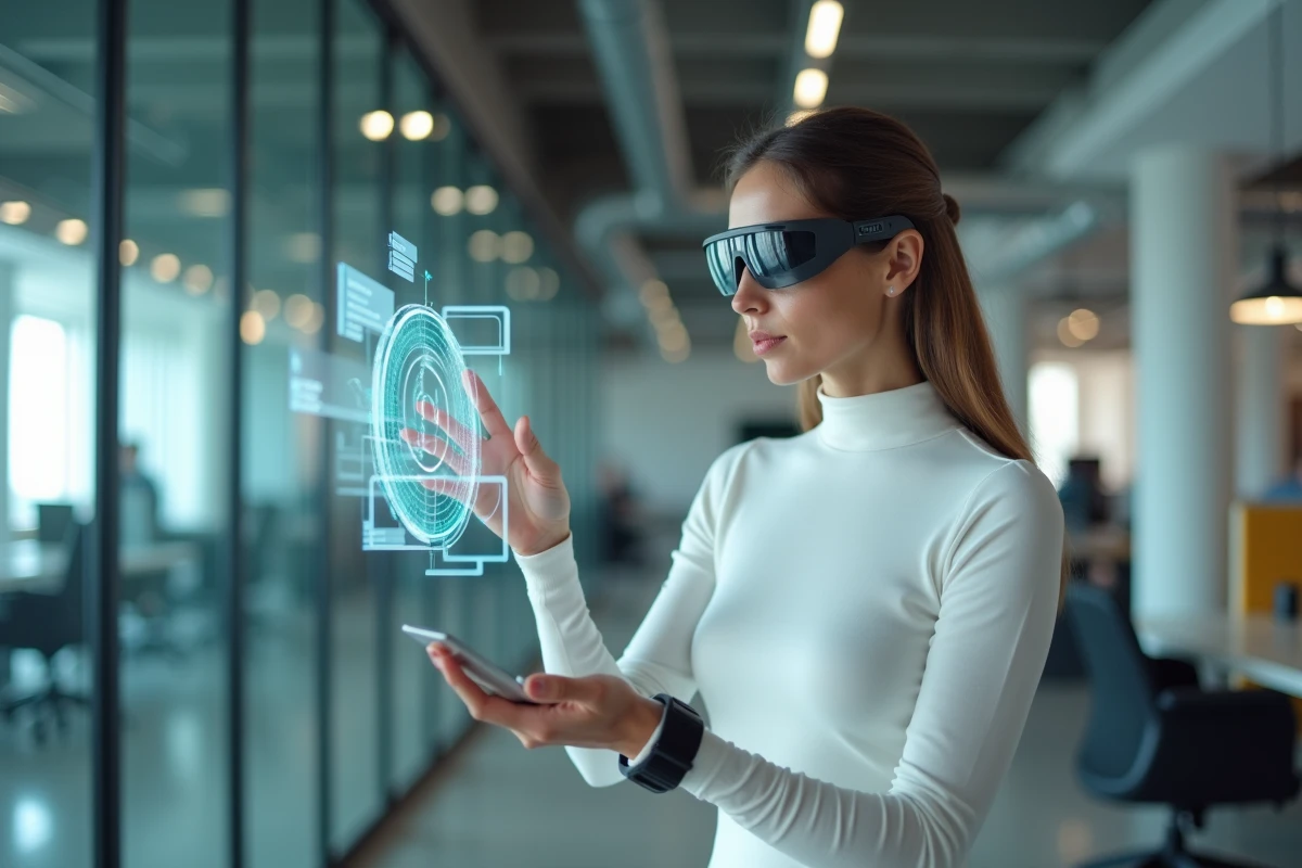 Femme portant des lunettes connectées interagissant avec une interface AR futuriste dans un bureau technologique moderne en 2024