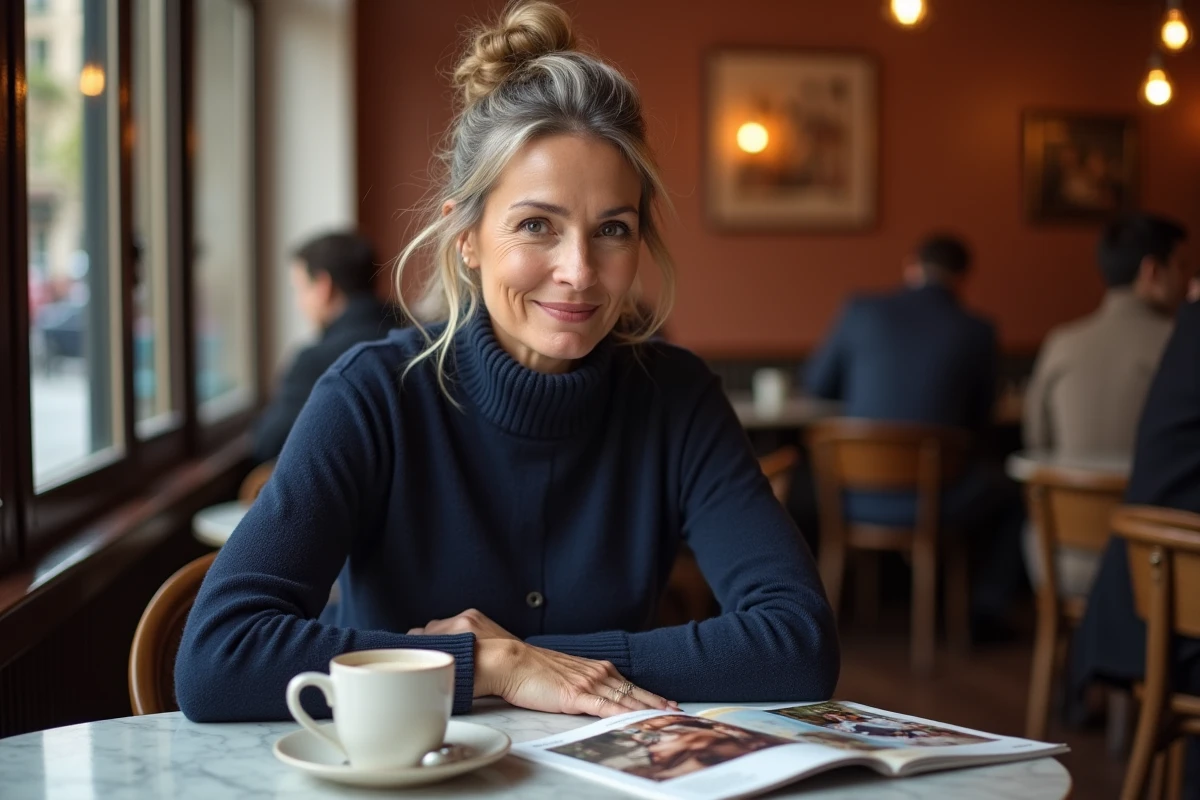 Femme élégante feuilletant un magazine féminin dans un café parisien