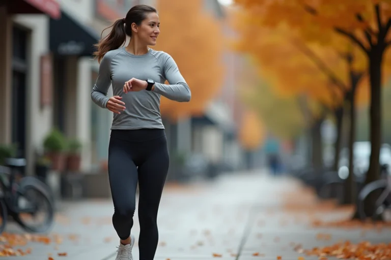 Femme consultant sa montre connectée pour compter ses pas pendant une marche urbaine quotidienne
