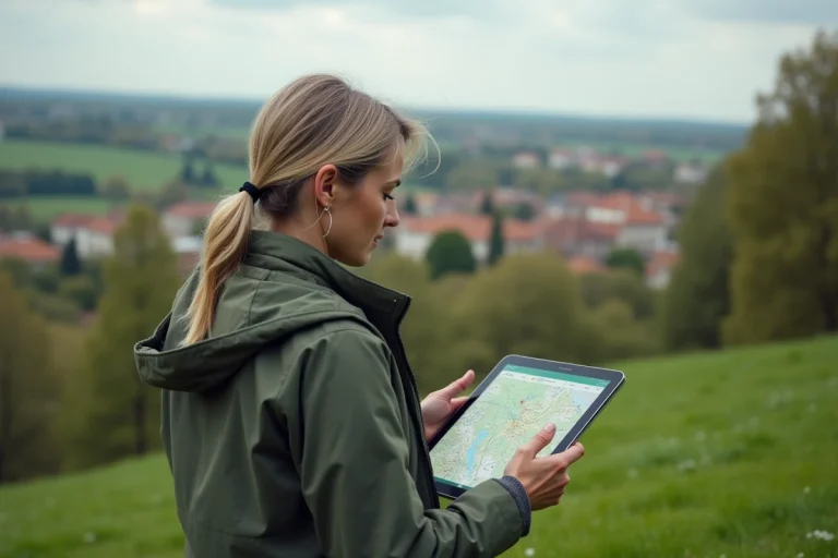 Femme française avec tablette dans un parc verdoyant