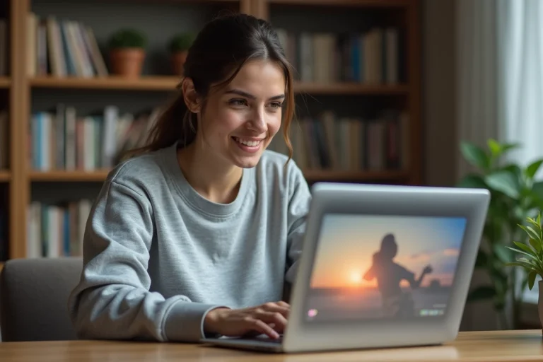 Jeune femme regardant une plateforme vidéo innovante sur son ordinateur portable dans un bureau moderne