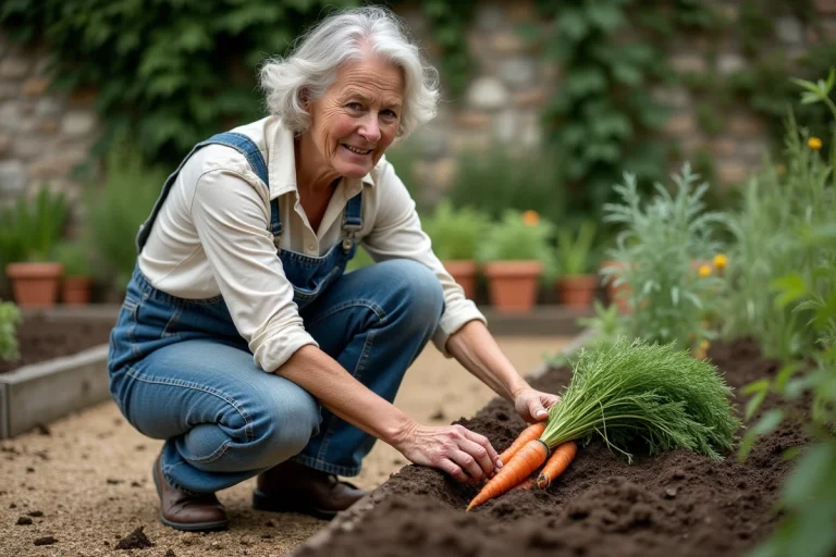 Femme dans un potager traditionnel français récoltant des carottes fraîches du sol, activité de loisir agricole en plein air