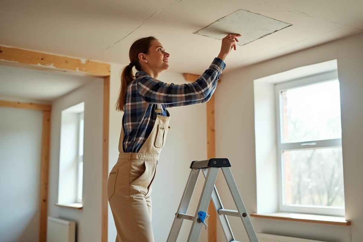 Jeune femme posant sur une échelle pour réparer un plafond