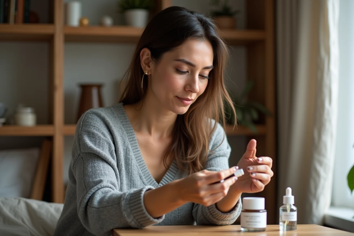 Femme lisant l'étiquette d'un produit de soin à sa coiffeuse, choisir entre Caudalie et Nuxe au quotidien