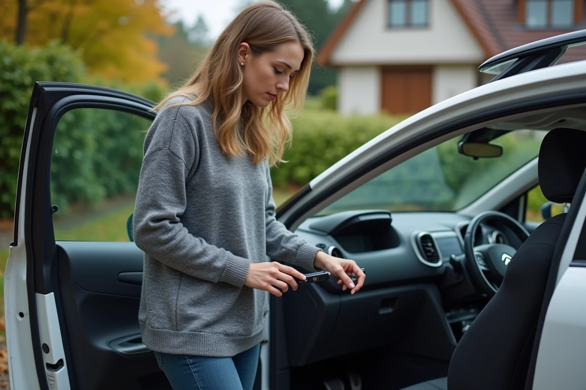Femme insérant une clé USB pour mettre à jour le GPS d'une Citroën C3 Aircross dans une allée résidentielle
