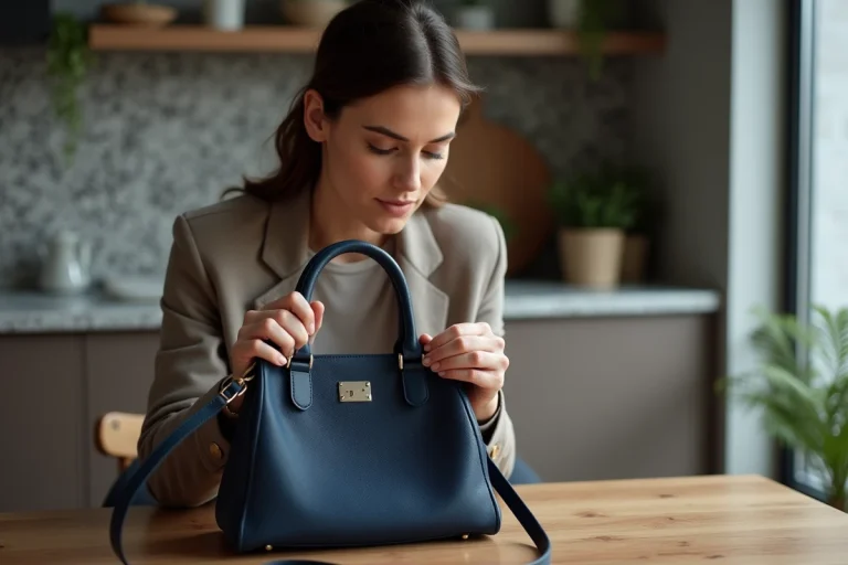 Femme examinant l'étiquette d'un sac à main navy