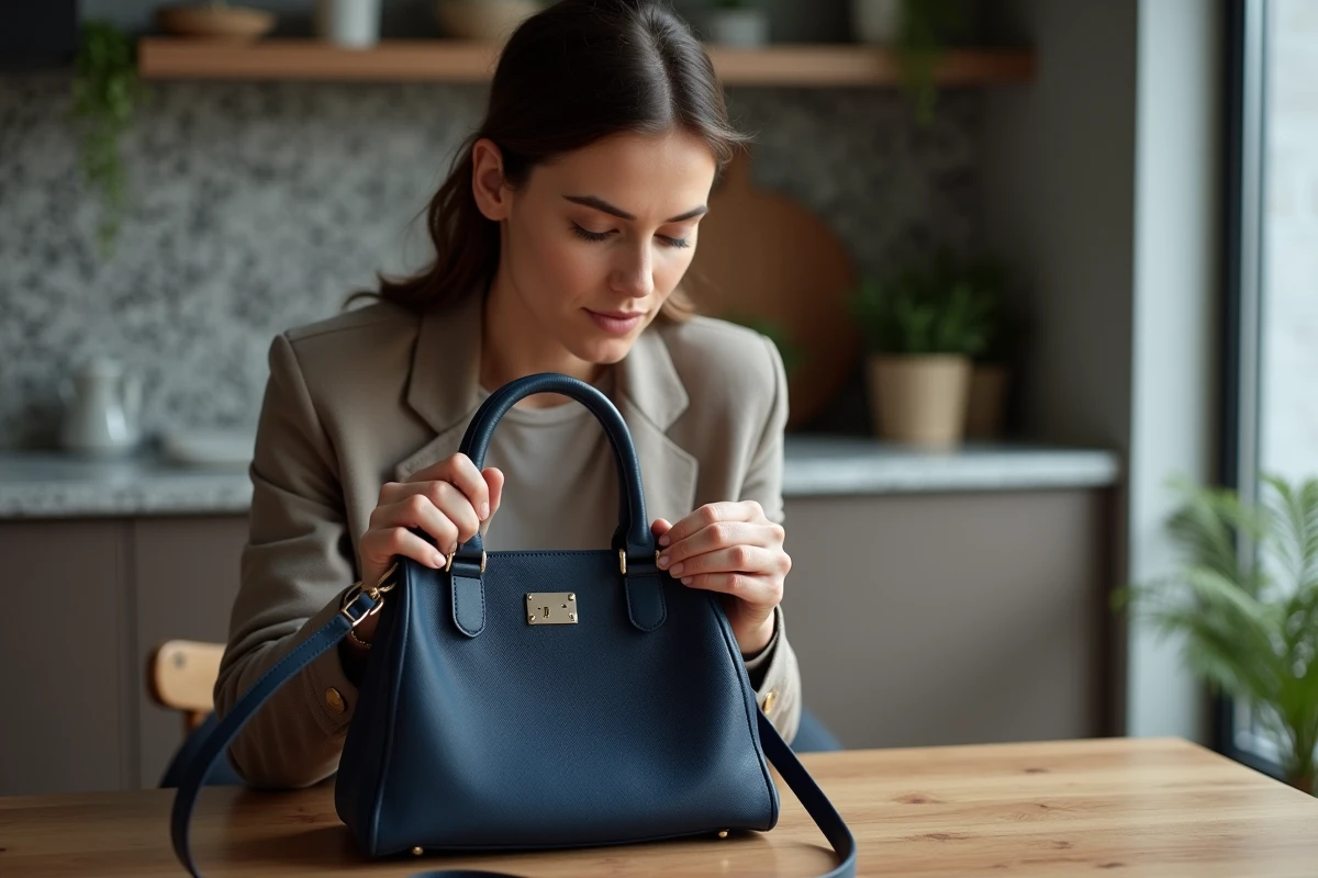 Femme examinant l'étiquette d'un sac à main navy