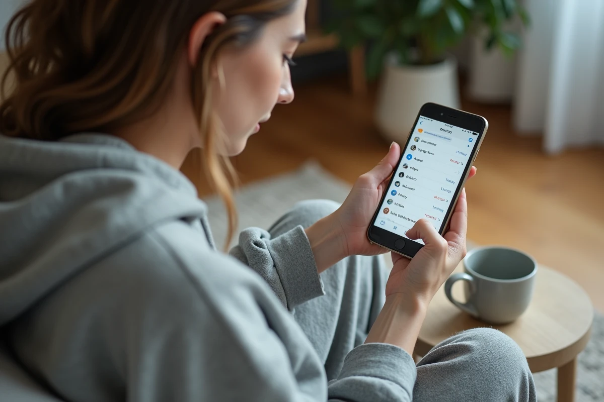 Femme vérifiant de nouvelles adresses de site web sur son smartphone depuis son canapé