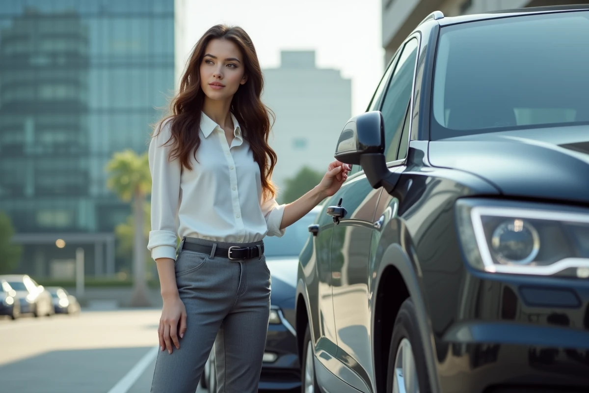 Jeune femme en costume vérifiant la serrure de sa voiture